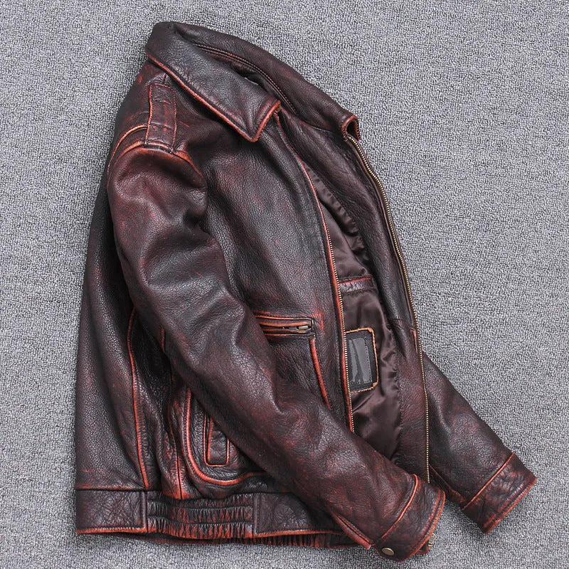 Thick cowhide leather casual jacket for men in American leisure style with lapel collar and ribbed hem
