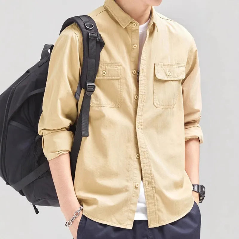 Men's loose fit long sleeve cardigan shirt in polyester available in four colours