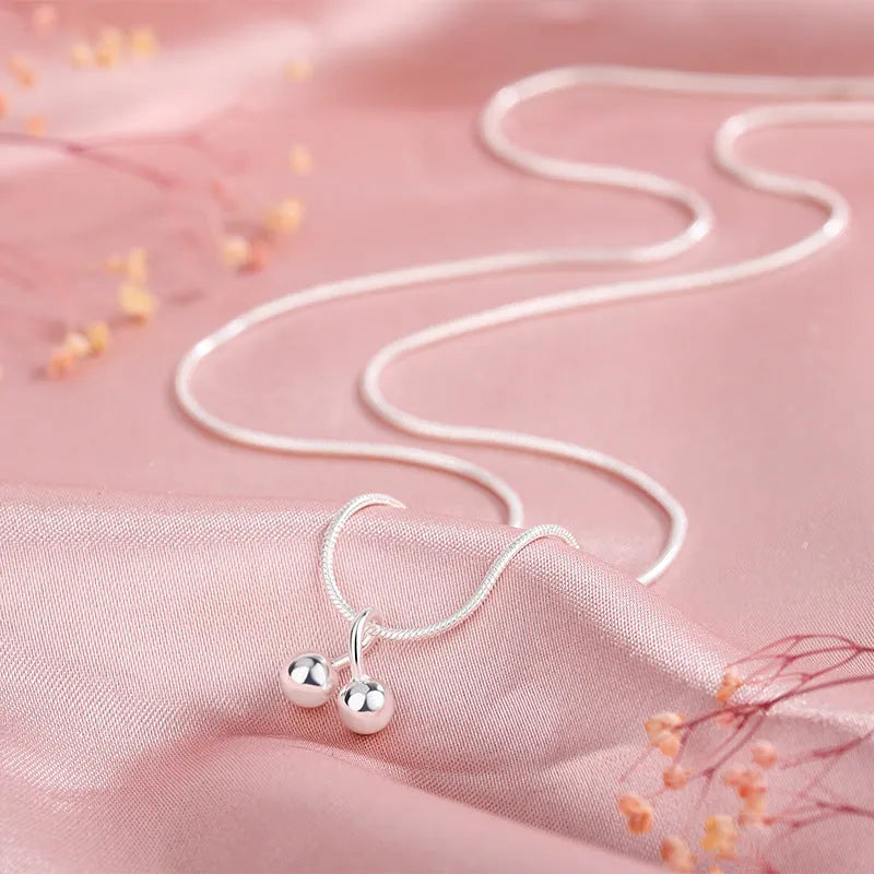 Silver cherry necklace with adjustable snake bones chain and fruit pendant