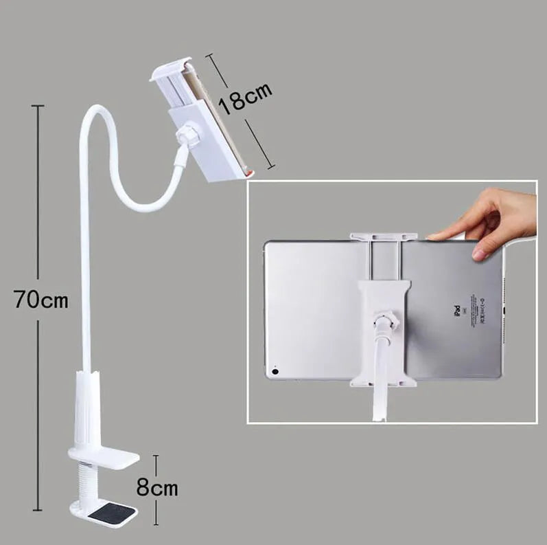 Black aluminium alloy phone holder with flexible arm on a wooden table holding a mobile phone.
