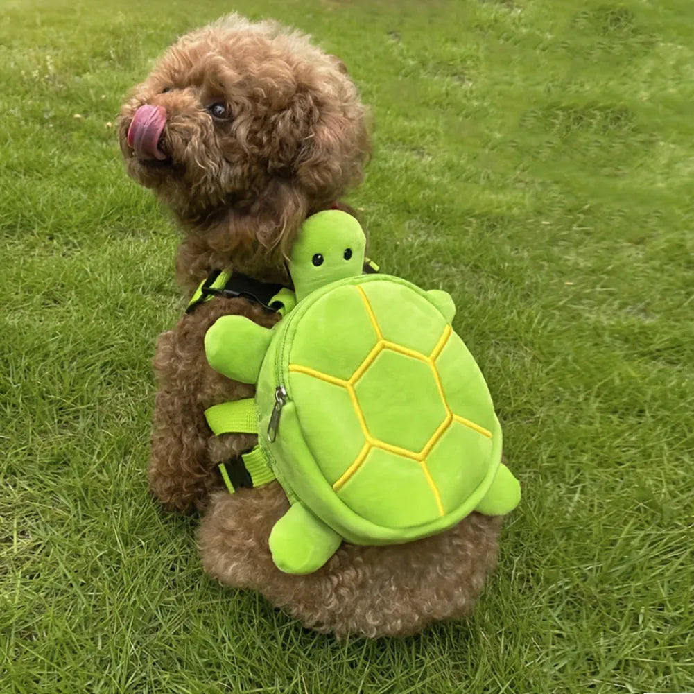 Cartoon turtle shape dog backpack harness vest in velvet with metal zipper closure