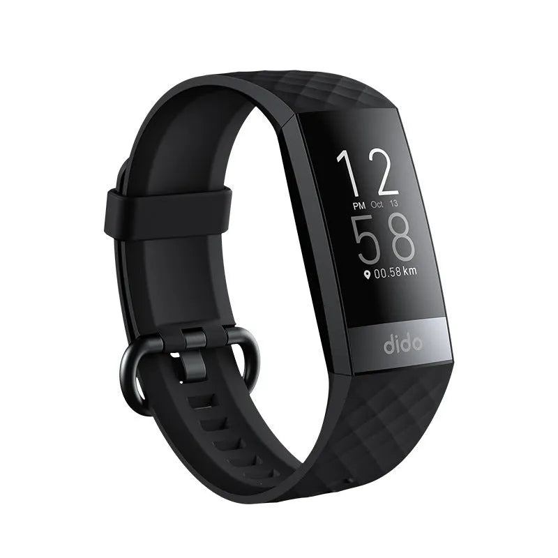 Black smart health bracelet with 1.1-inch display showing blood pressure and heart rate monitoring data