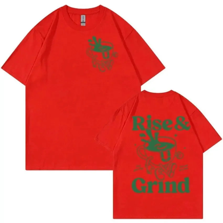Men's black linen T-shirt with 'Rise And Grind Green Coffee' cartoon and text print in a loose fit