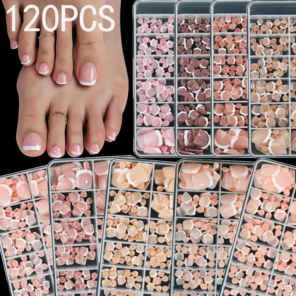 Box of 120 French white edge press-on toe nails in full square short shape showing multiple nude shades.