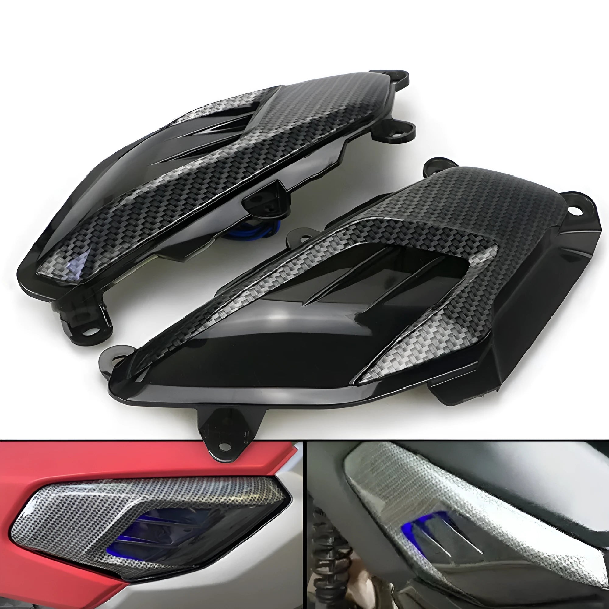 Pair of Yamaha NMAX LED side lamps with ABS plastic shell and choice of blue or red light.