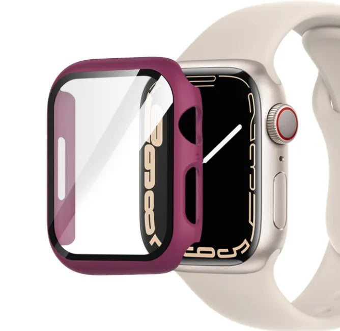 PC tempered film replacement case for Apple Watch in various colours and sizes on display.