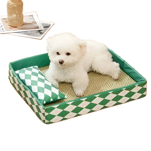 Blue summer rattan cat litter mat shown in a large size next to a cat bed.