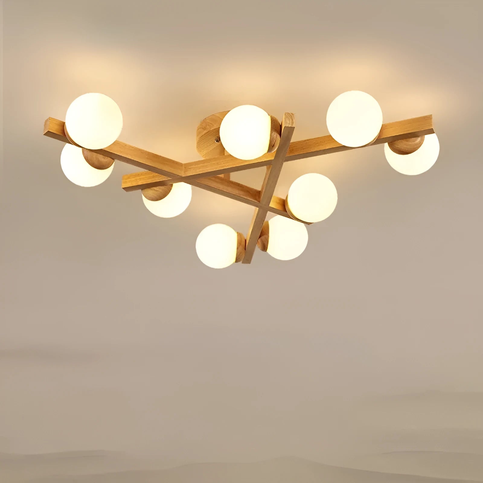 Wooden style modern ceiling light with three neutral light heads in Nordic design