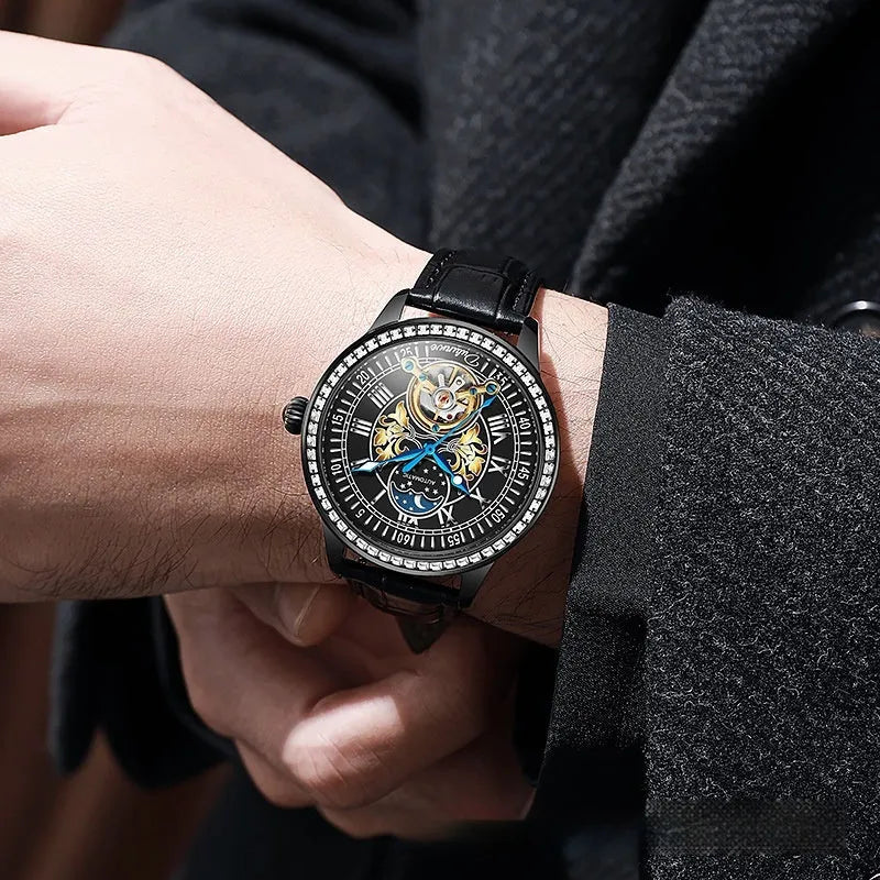 Men's stainless steel mechanical watch with transparent case back showing movement and butterfly buckle
