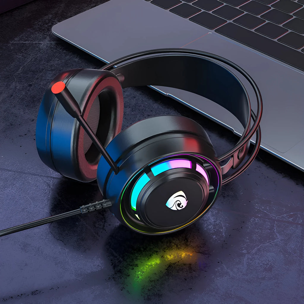 Black wired computer headphones with microphone for gaming and communication