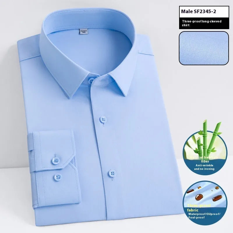 Men's slim fit bamboo fibre business shirt with square collar in a solid colour, shown in short sleeve style.