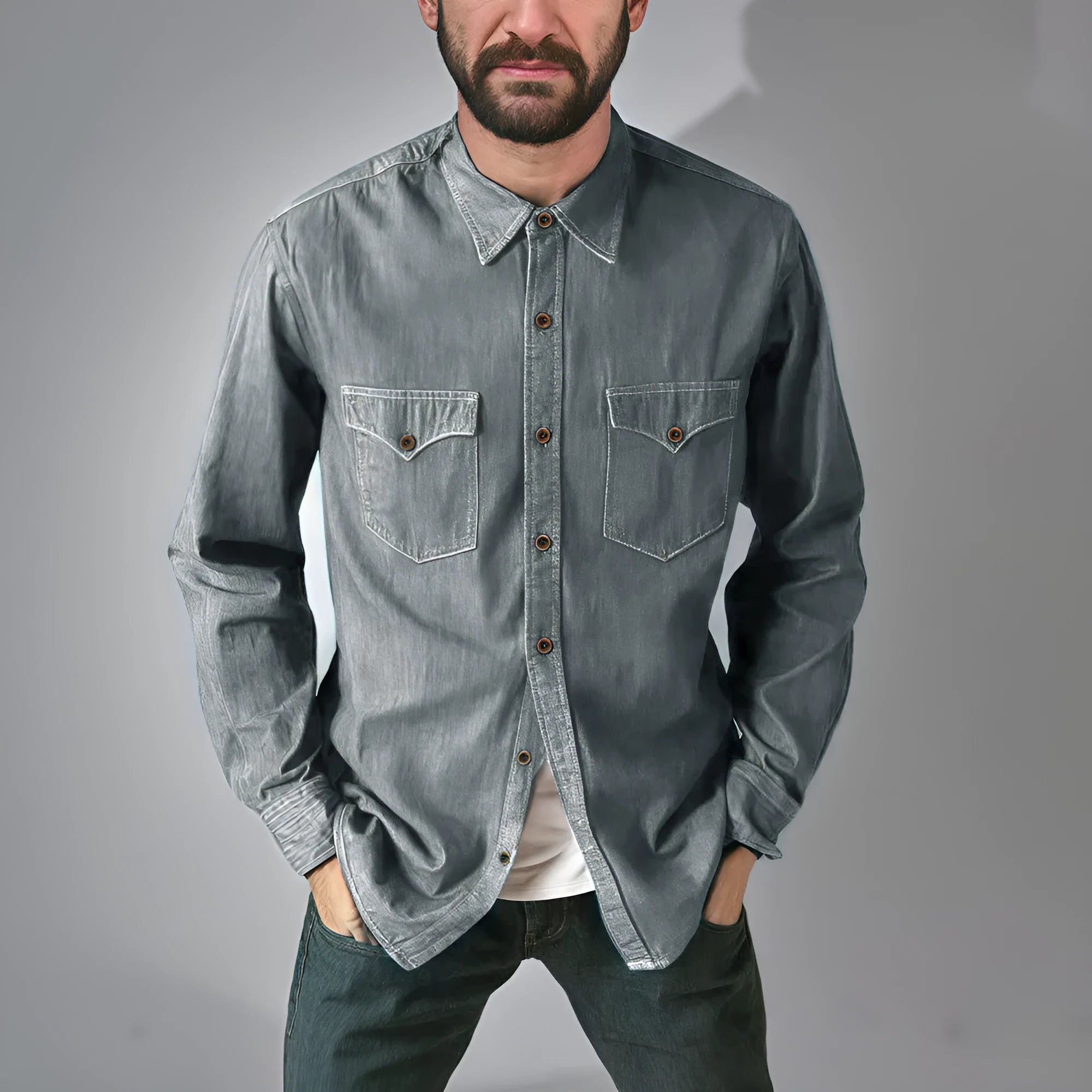 Women's regular-fit denim cardigan coat in khaki, shown open as a front-facing layering piece.