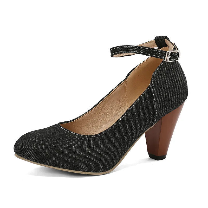 Blue denim women's platform heels with buckle closure and waterproof construction