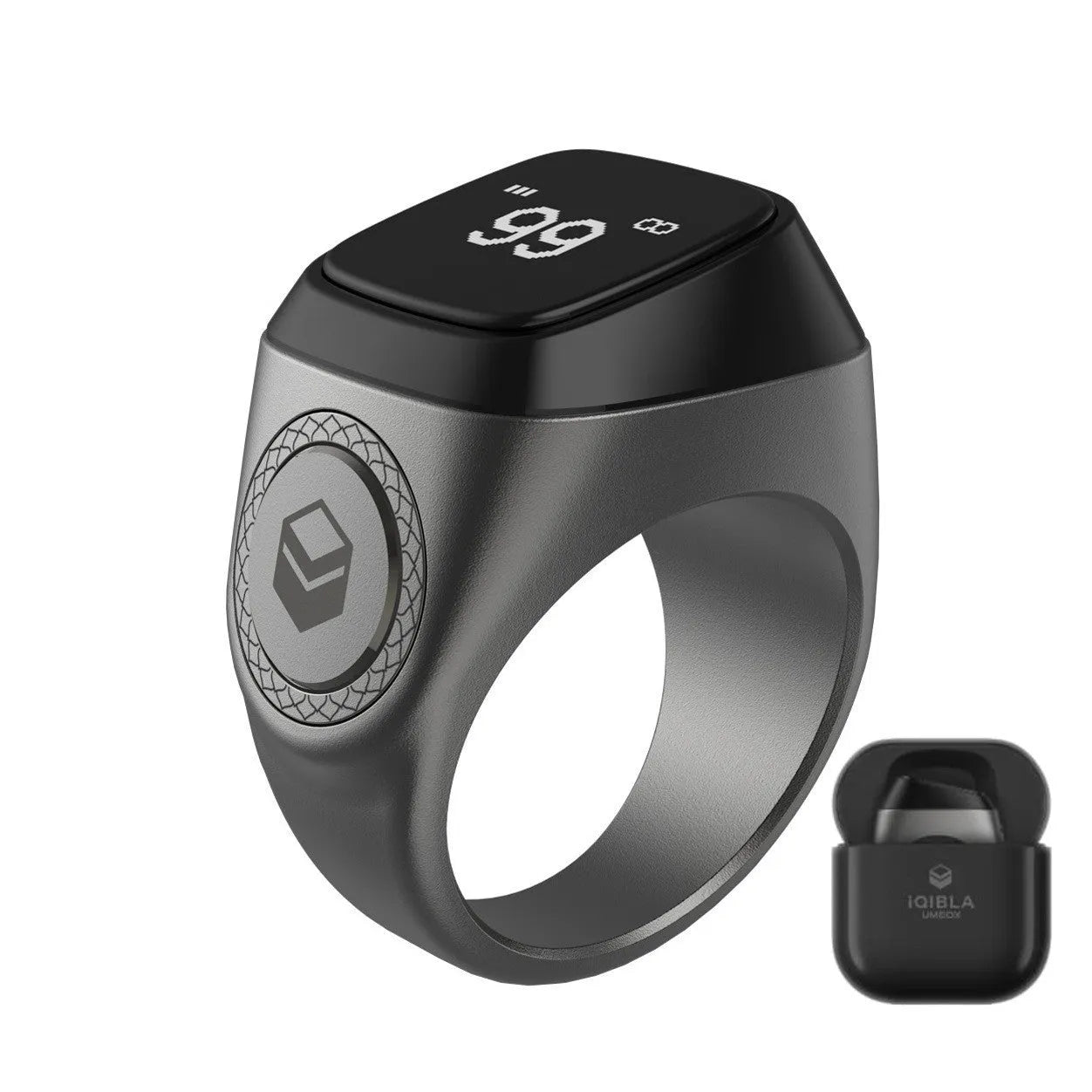 Zikr1 smart Islamic prayer counter ring with OLED display showing time and count, available in black, green, rose gold, and silver colours