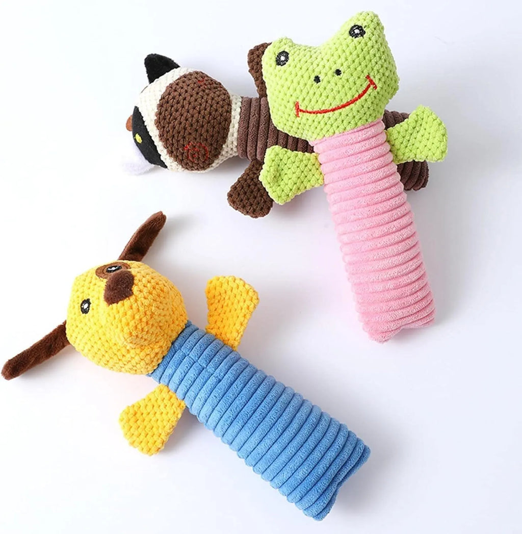 Squeaky stuffed dog chew toy in animal design for dental cleaning and teething relief