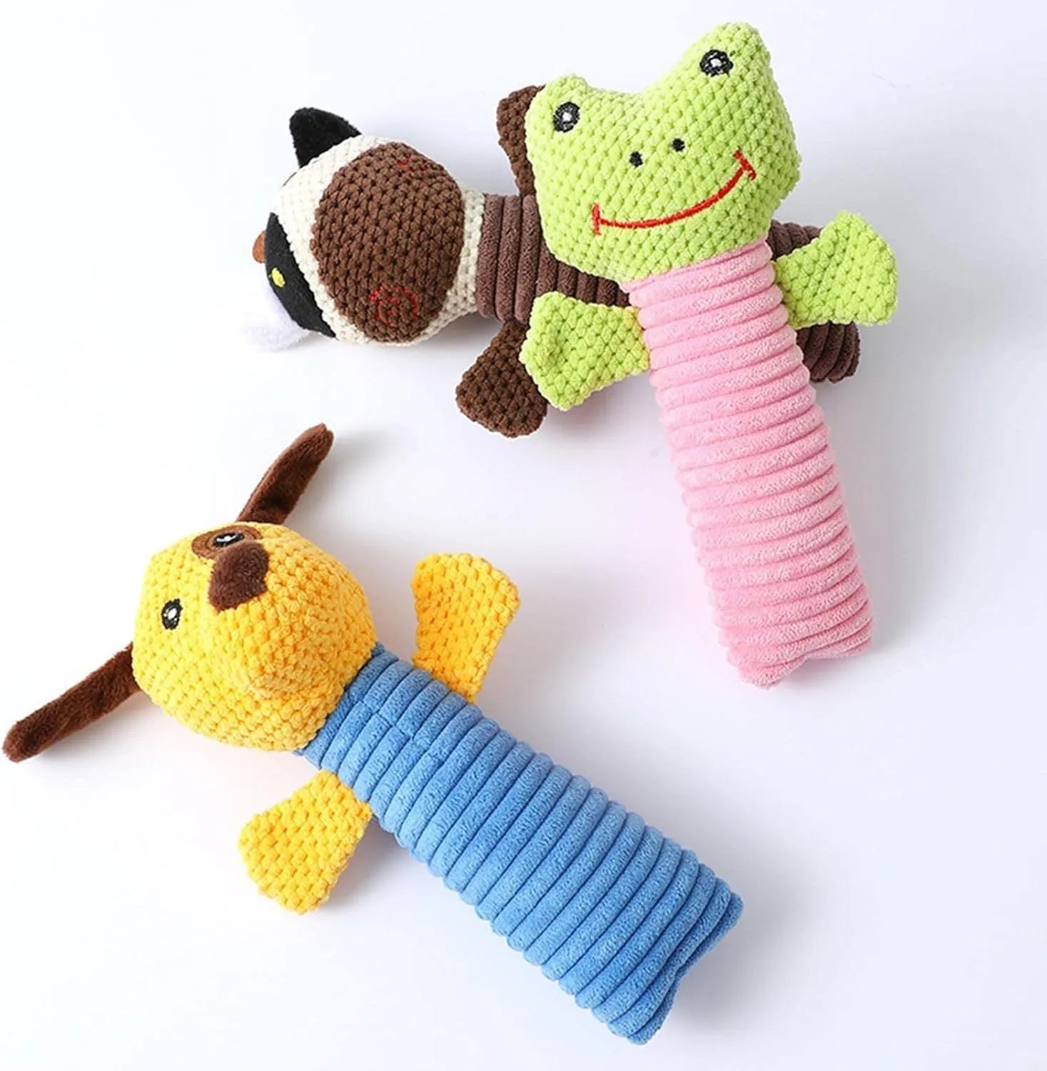 Squeaky stuffed dog chew toy in animal design for dental cleaning and teething relief