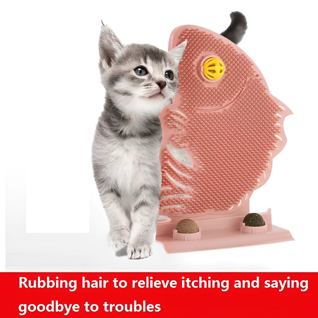 Plastic cat wall scratcher fish shape 31cm with self-grooming brush and catnip balls