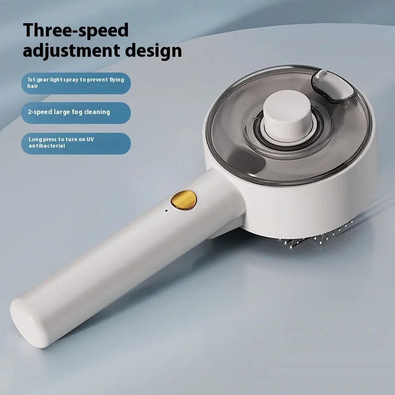 Ceramic white pet grooming brush with UVC blue light, mist spray nozzle, and fine needles for removing dog and cat hair.