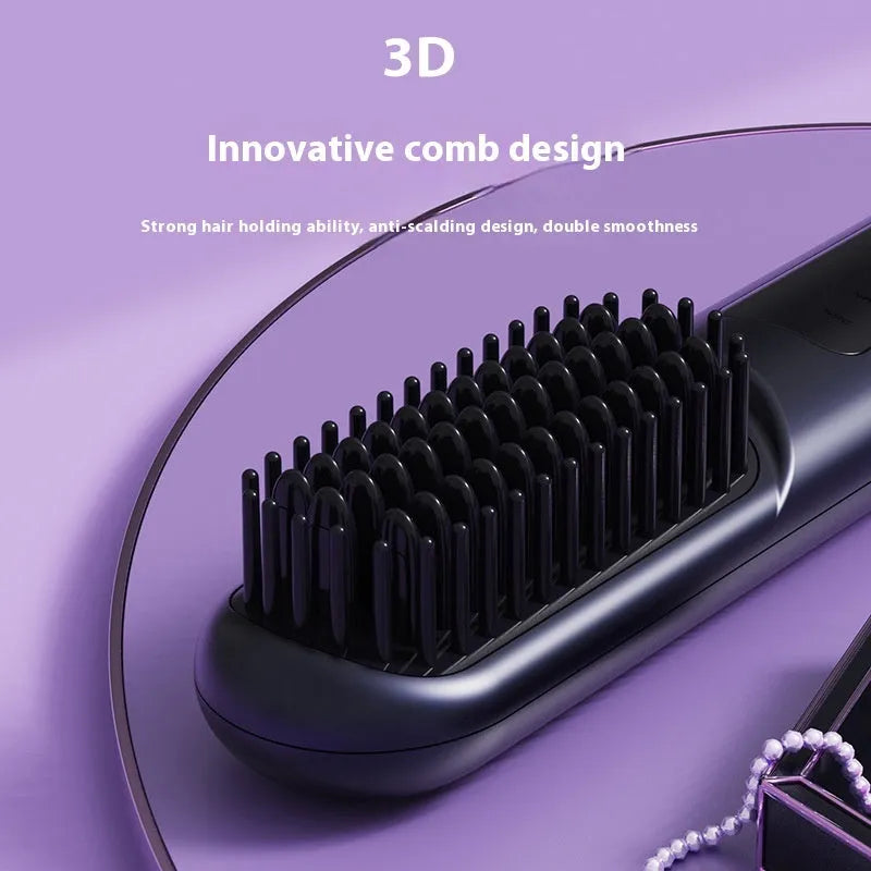 A portable negative ion hair straightening comb in a choice of white, dark blue, or grey colours.