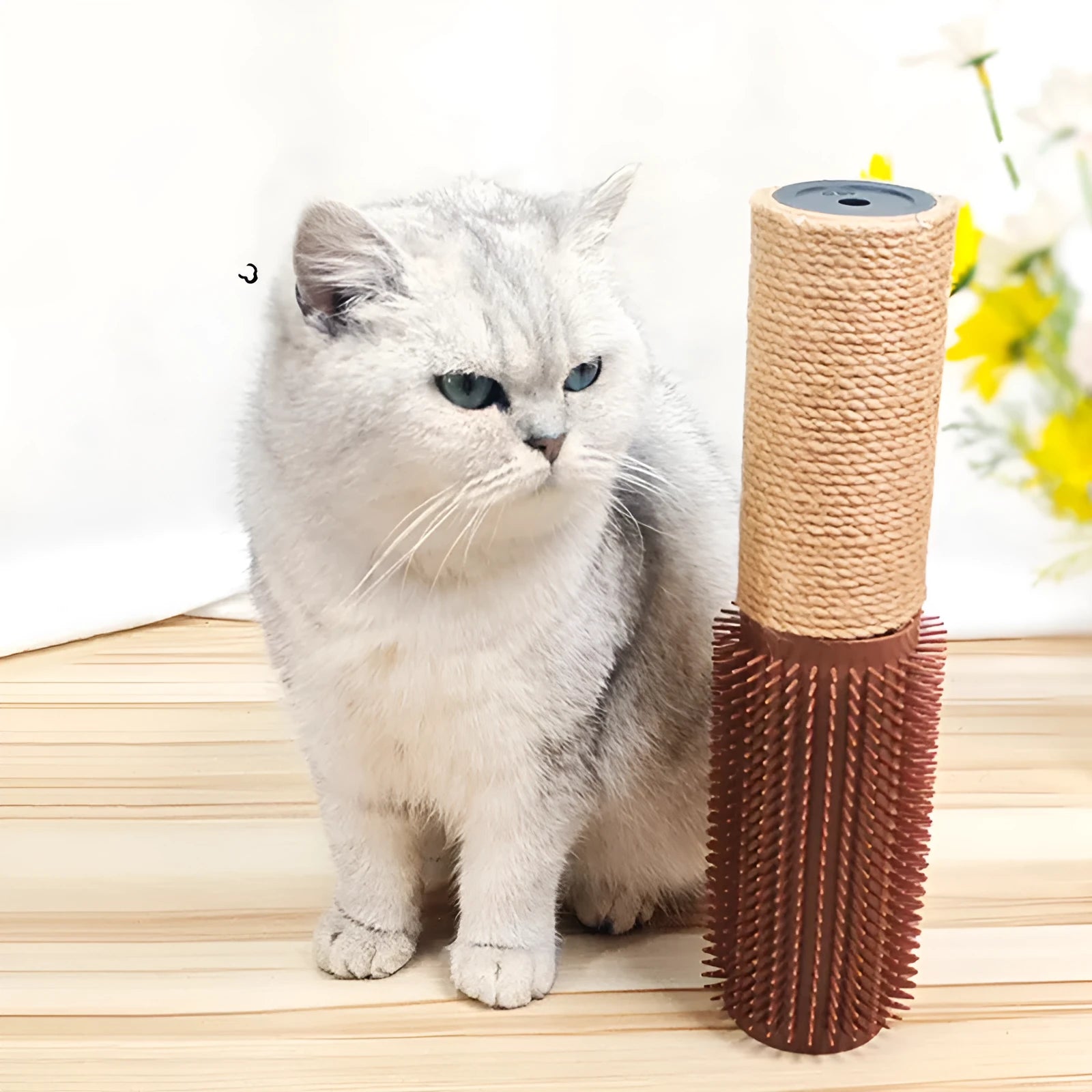 Sisal scratching post for cats measuring 30cm tall with natural fibre texture in brown or grey colour