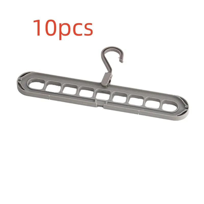 Foldable plastic hanger with nine holes for hanging trousers, shown in a choice of colours.
