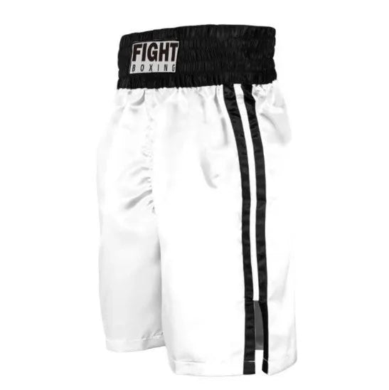 Boxing shorts for kick boxing training in various colour combinations like black and white striped, black and gold, and black and red.