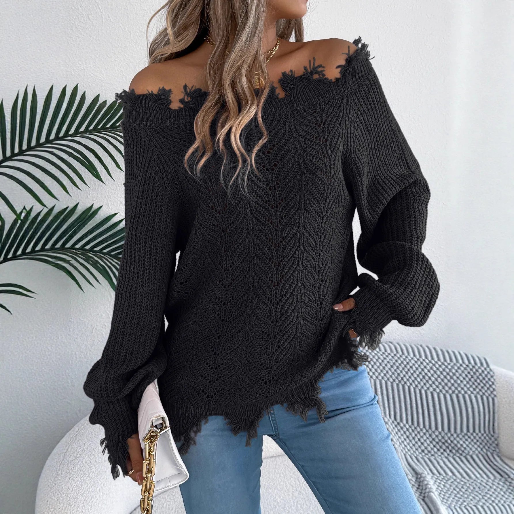 Women's white hollow-out pattern pullover sweater with cut off-the-shoulder design