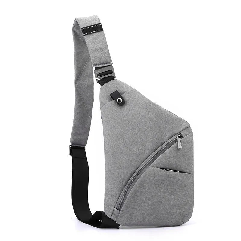 Men's grey oxford cloth chest bag with letter accents and single shoulder strap
