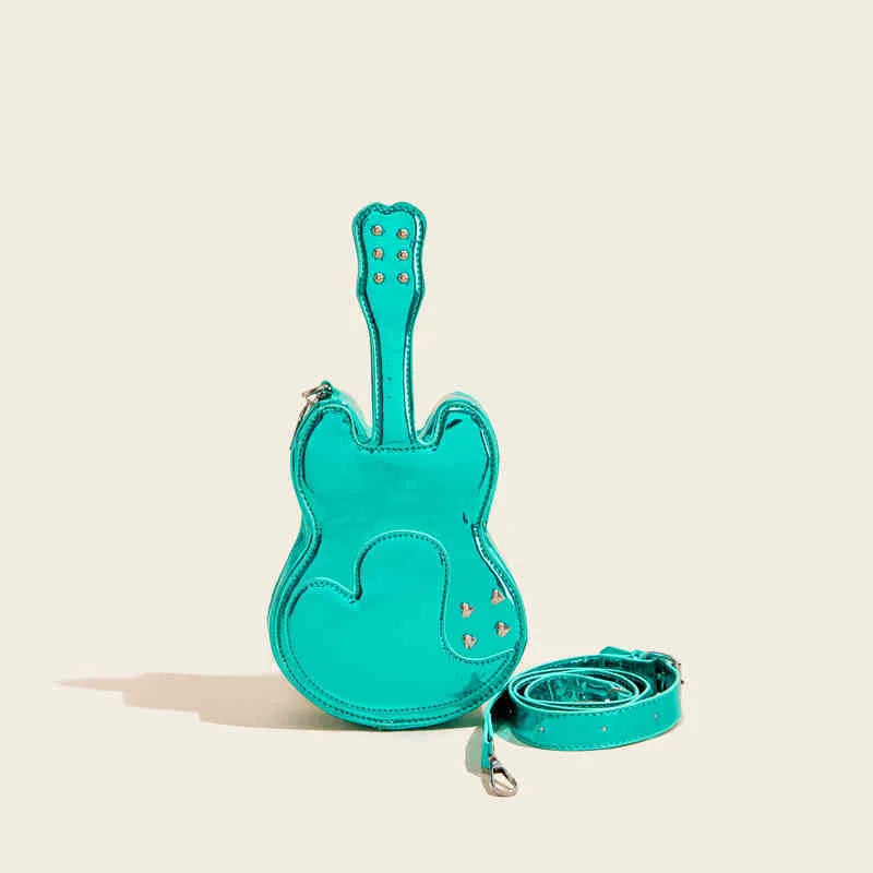 Guitar creative arts design crossbody shoulder bag in five colour options showing front and side views