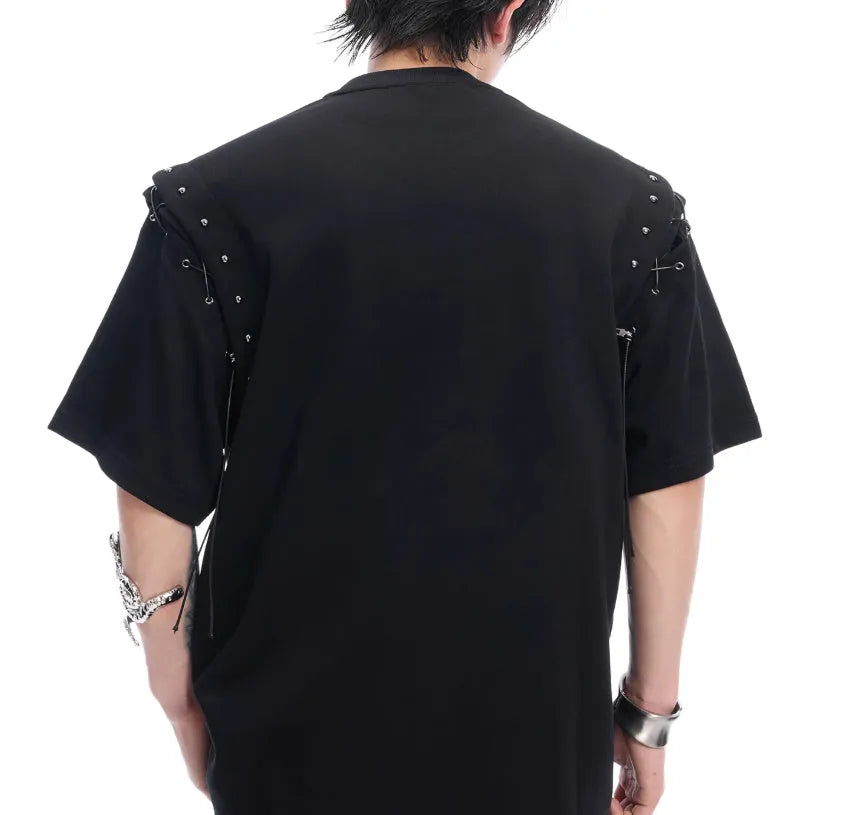 Women's black short sleeve T-shirt with lace-up detail across the upper back