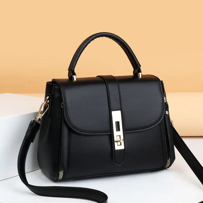 Soft PU leather women's messenger shoulder bag in square vertical shape, shown in one of four colours.