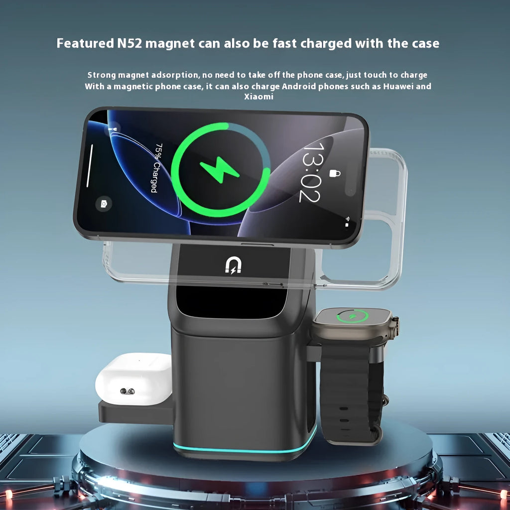 Black mobile phone magnetic wireless charging stand showing 180-degree rotation adjustment
