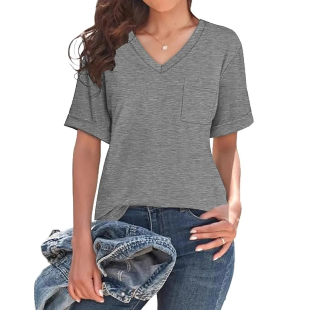 Grey loose fit V-neck T-shirt with chest pocket in casual style