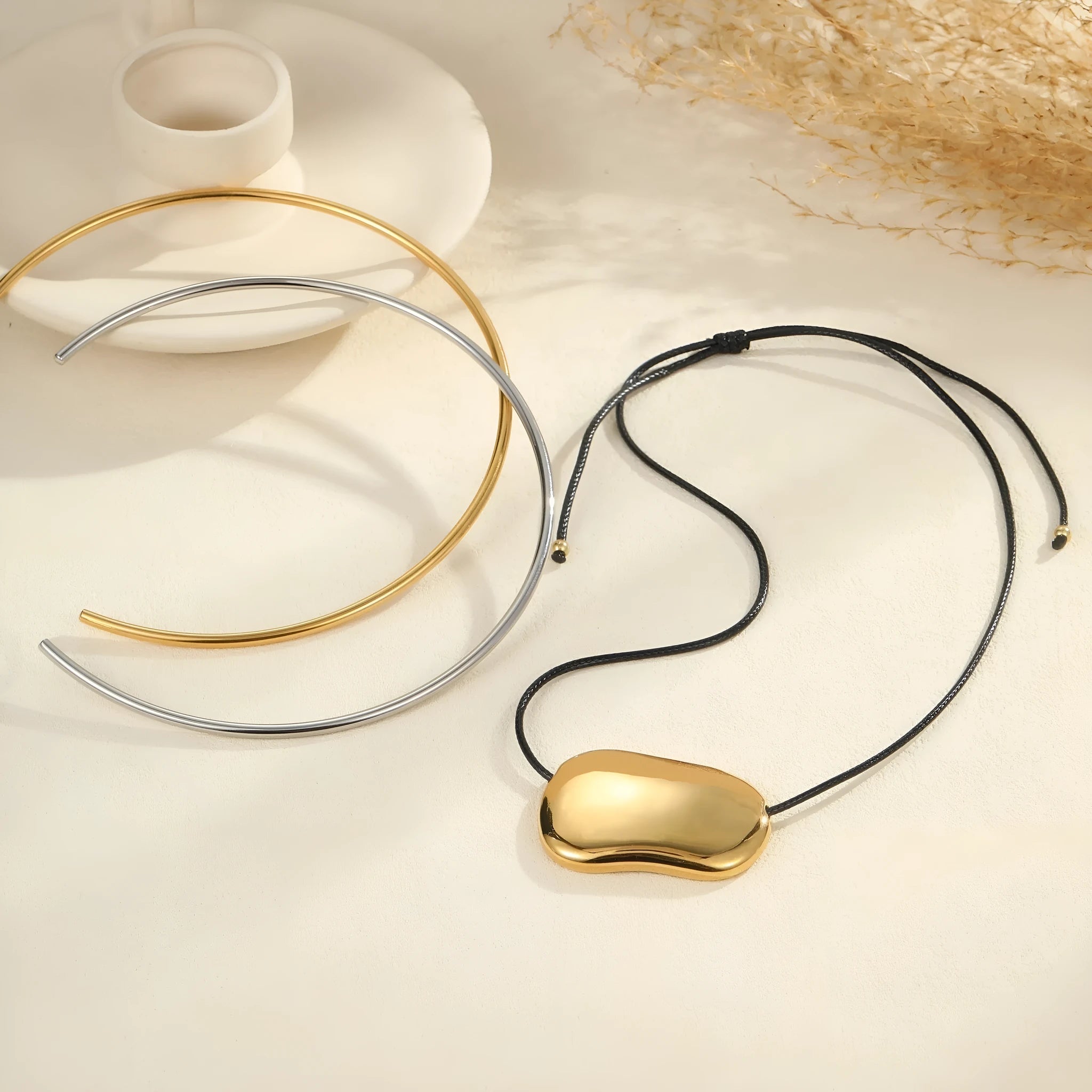 Titanium steel necklace with geometric irregular pendant on adjustable chain in gold or silver finish