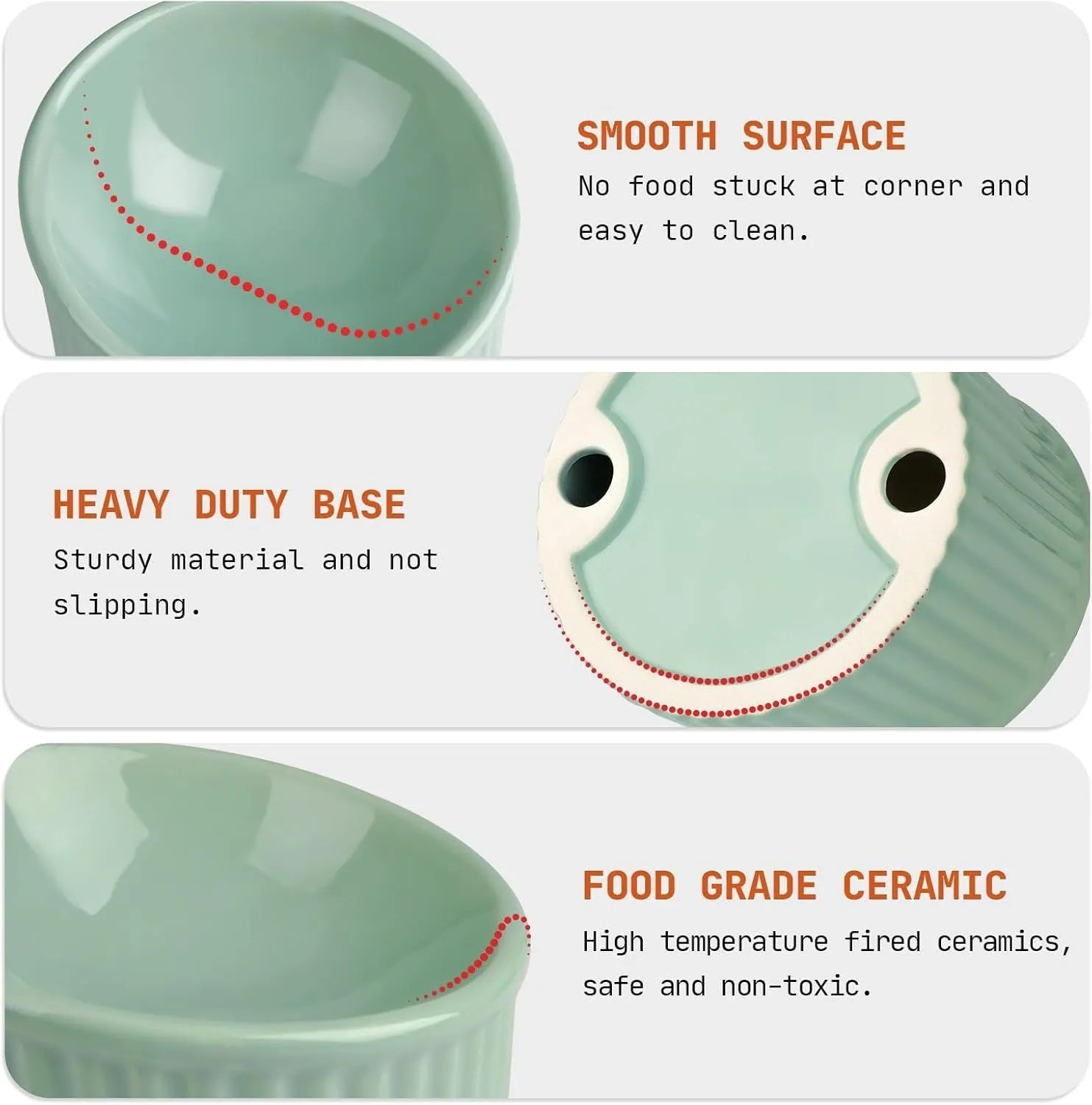 Dark green elevated ceramic cat bowl on a wooden floor, showing its raised height and round, whisker-friendly shape.