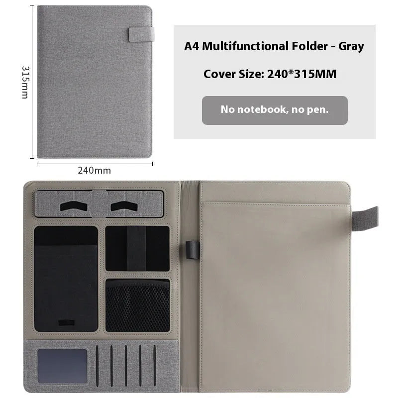 Black leather A4 business folder open to show document sleeve, pen loop, and notepad holder.