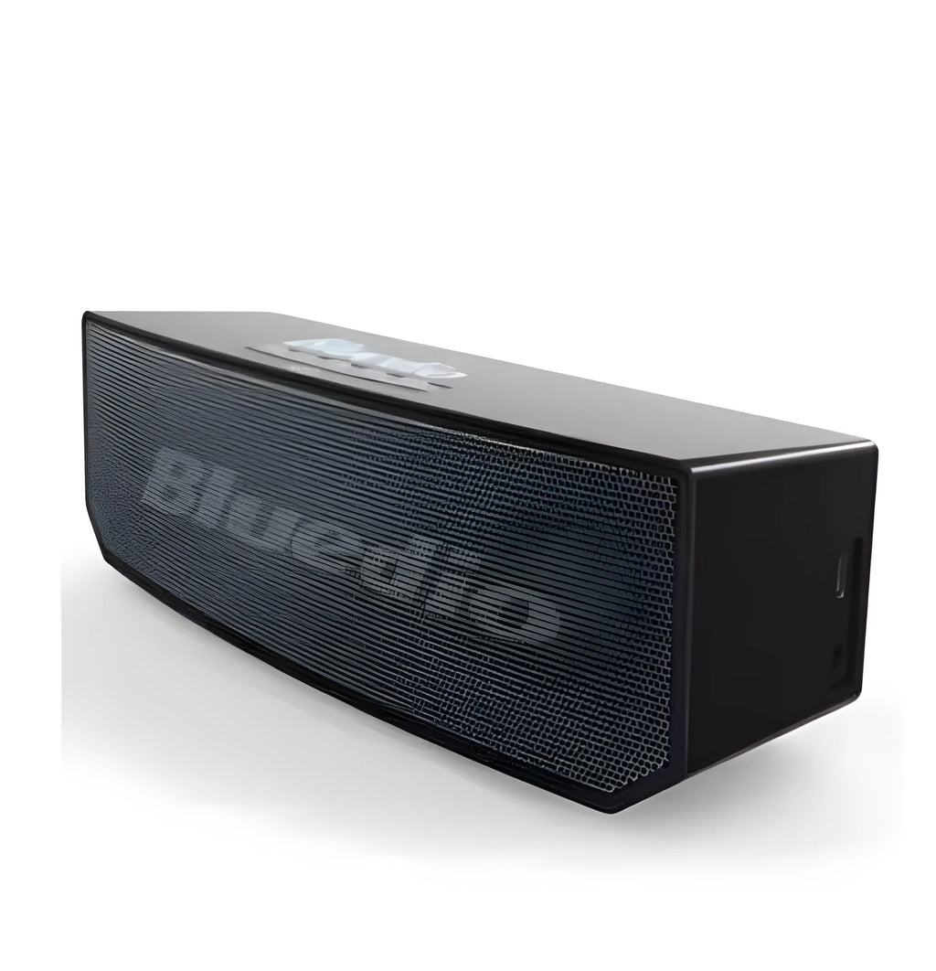 Black BS-6 cloud smart speaker showing compact rectangular design and micro-USB port.