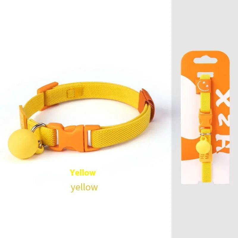 Small dog elastic polyester pet collar shown in seven colour options with adjustable 22-32cm sizing