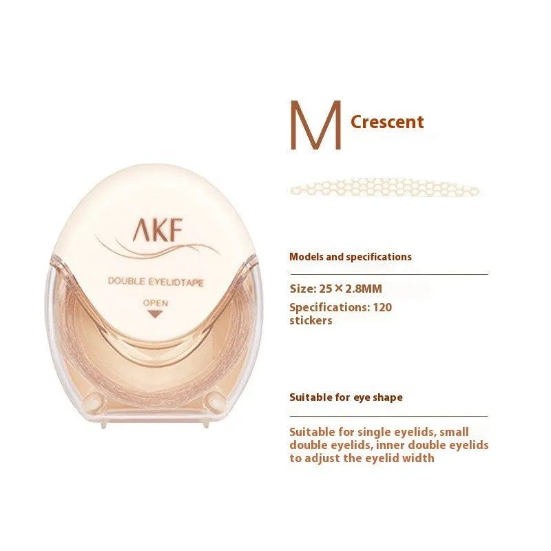 Roll of lace double eyelid stickers in packaging, showing options for Crescent M and Olive M shades.