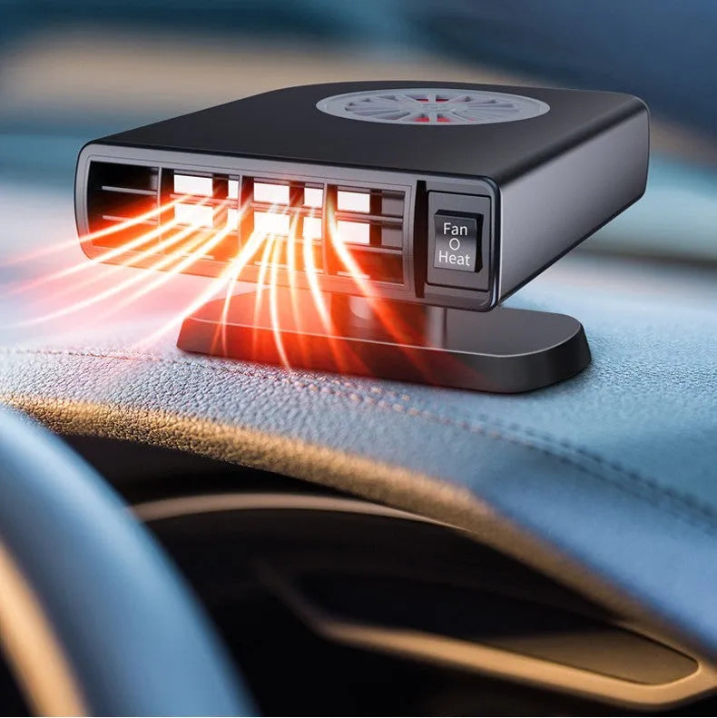 Black ABS plastic vehicle-mounted heater with adjustable vents, shown with double-sided adhesive mount.