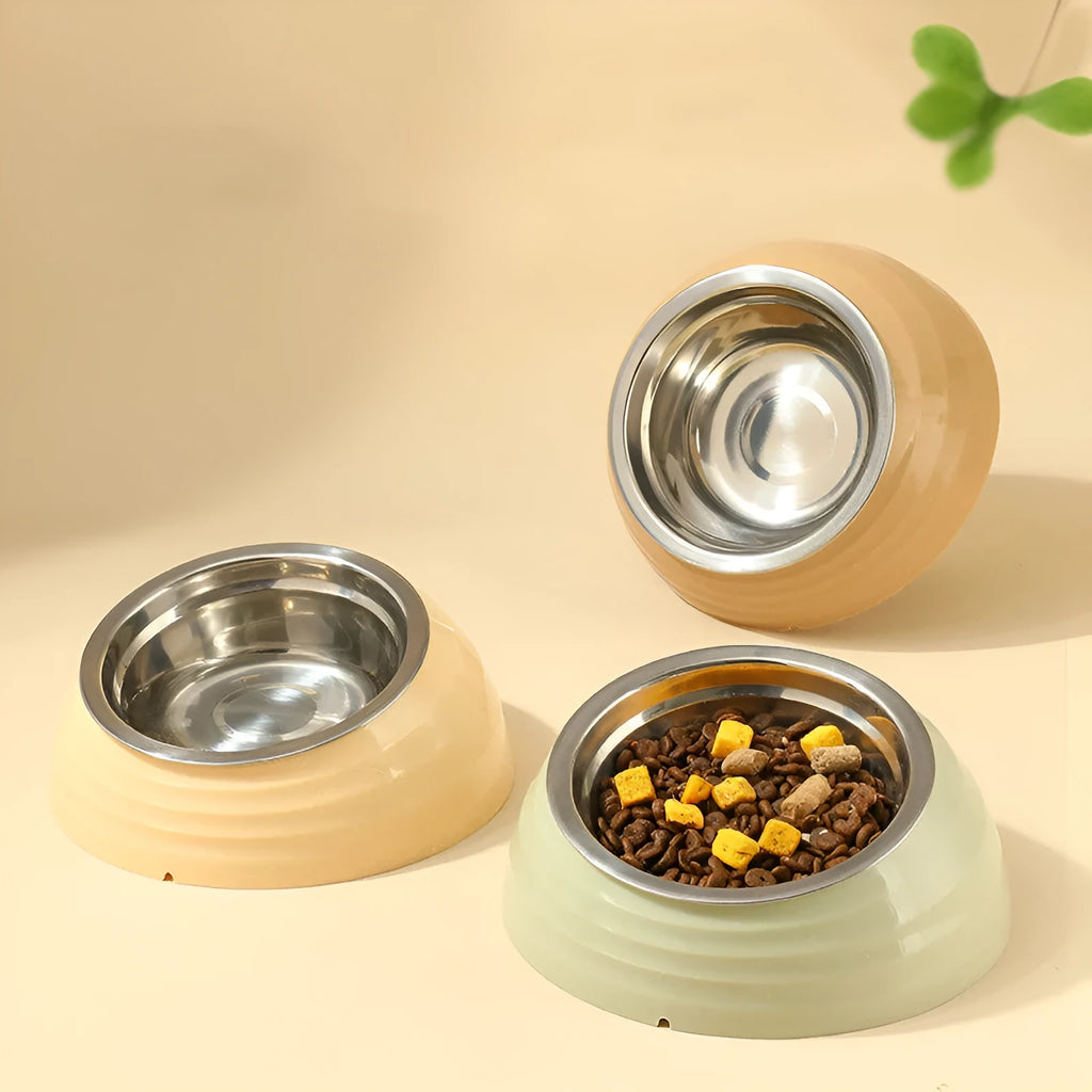 Stainless steel cat bowl with plastic base in beige, brown and light green colour options