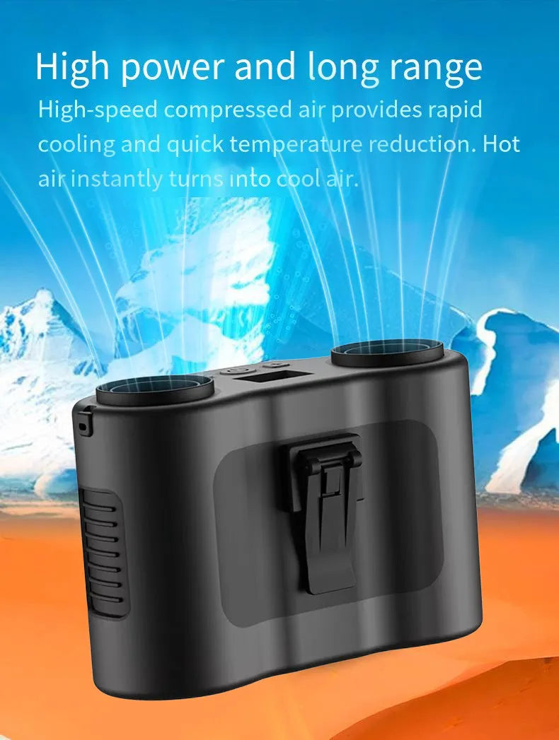 Black portable waist-hung fan with neck lanyard and waist buckle, shown for hands-free outdoor use.