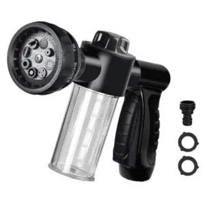 Green high pressure foam spray gun with adjustable nozzle for car washing and household cleaning.