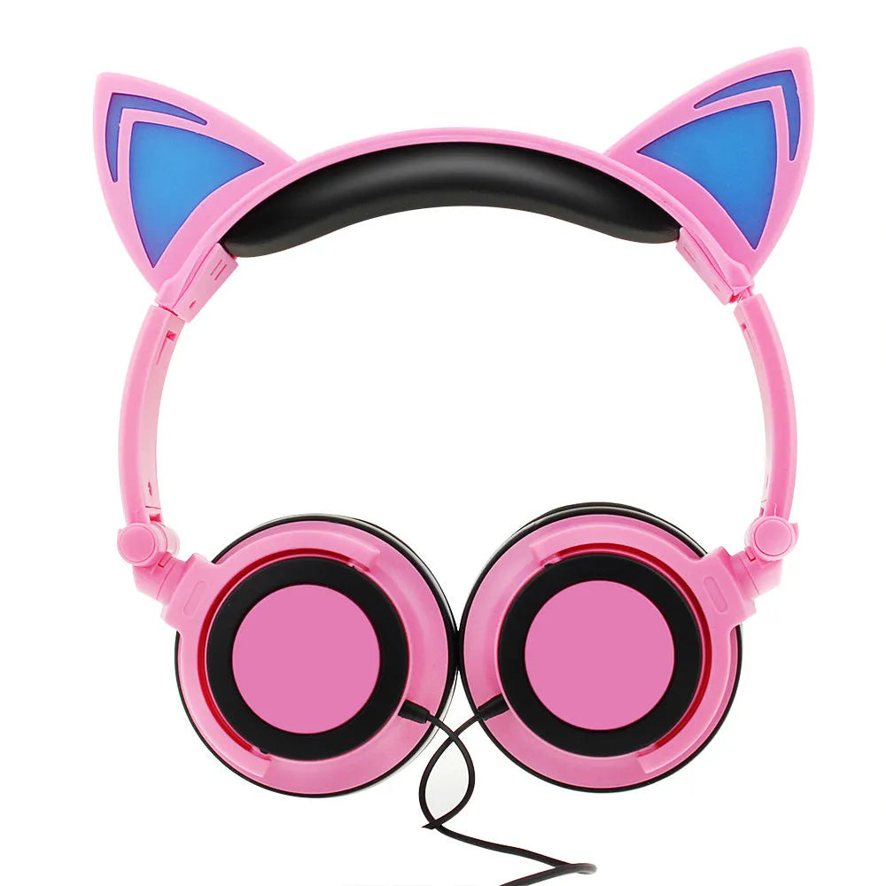 Colourful cat ear headphones with illuminated LED lights on the ears and ear cushions