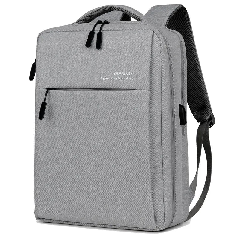 Black waterproof Oxford cloth laptop backpack with shoulder straps and built-in rechargeable power bank.
