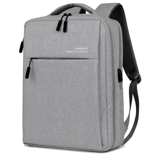 Black waterproof Oxford cloth laptop backpack with shoulder straps and built-in rechargeable power bank.