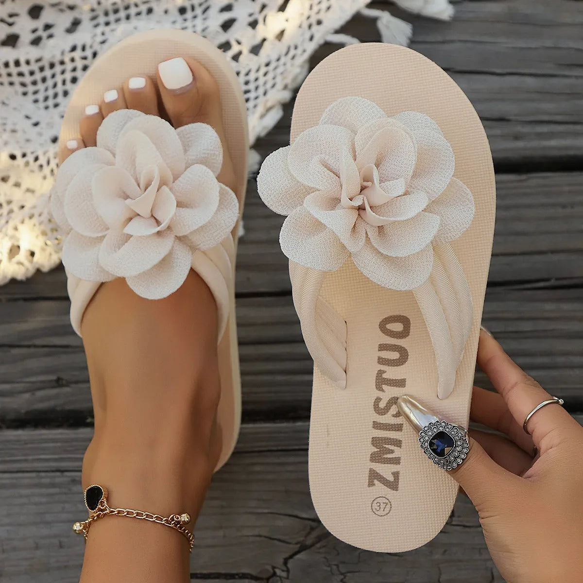 Plus size women's flower design slippers flip flops in green, rose red, and creamy white colours