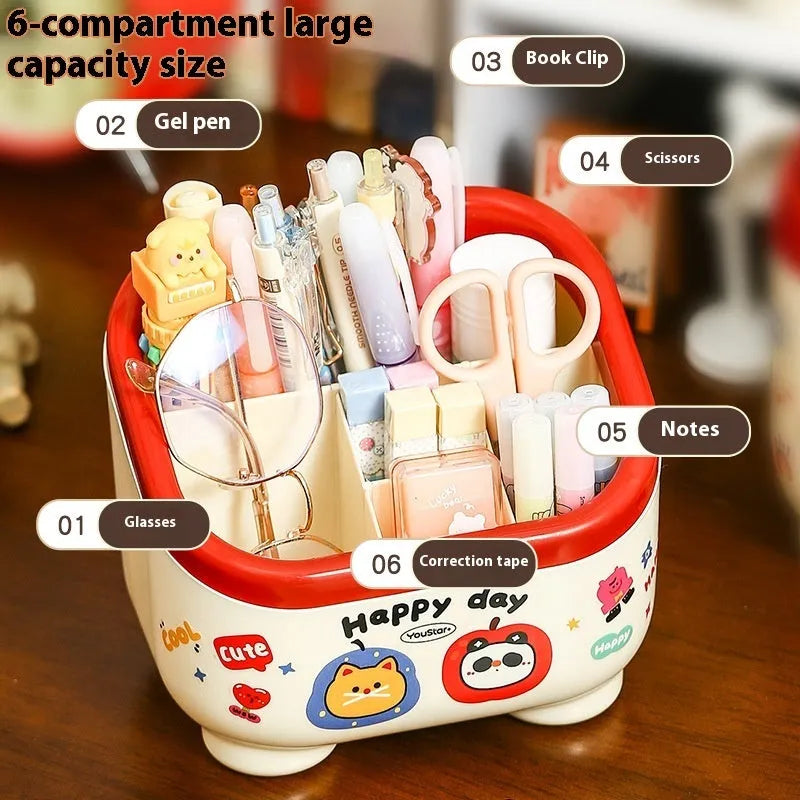 Cartoon design plastic desktop organiser with 2L capacity storage box and grid pattern for stationery organisation