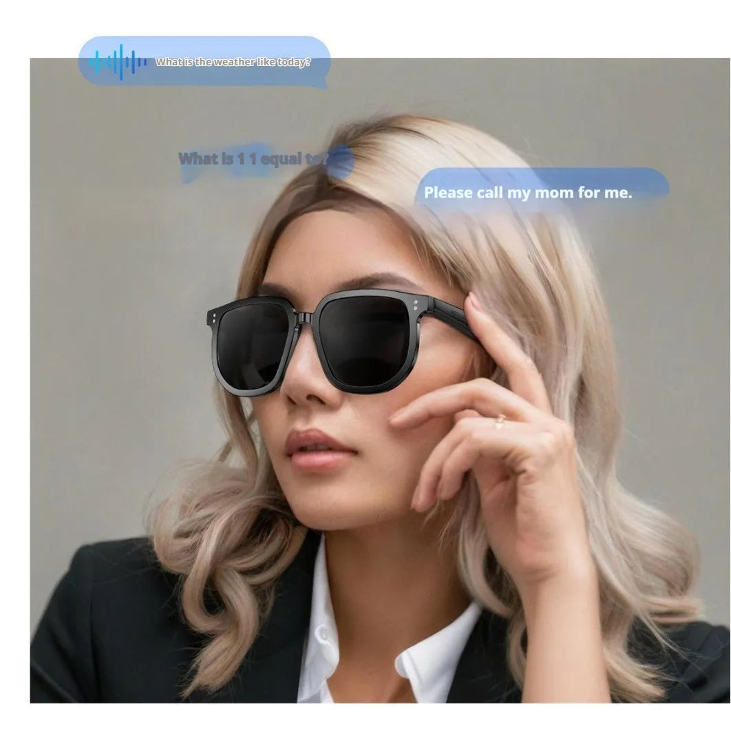 Black AI smart glasses with Bluetooth audio functionality and touch controls