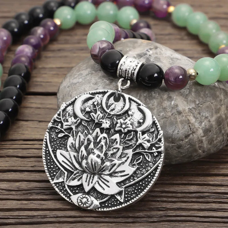 Dongling Long handmade stone bead yoga necklace with geometric lotus pendant and matching bracelet